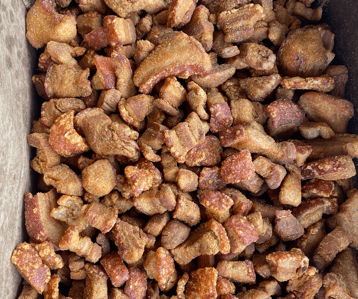 Close-up of seasoned pork cracklings